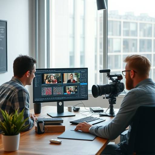 Imagem do curso 'Videoblog Intermedi√°rio', com pessoas trabalhando em conjunto editando um v√≠deo.