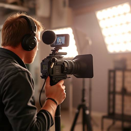 Um profissional gravando um v√≠deo com equipamento de ilumina√§√£o e microfone.