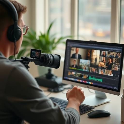 Uma pessoa editando um v√≠deo em um computador com software de edi√§√£o.